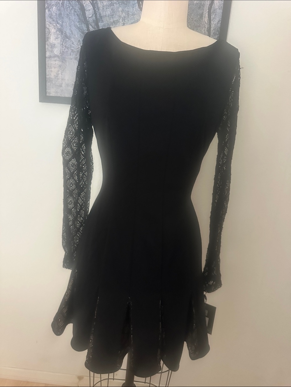 Catherine Malandrino Black Lace-Sleeve Fit & Flare Dress